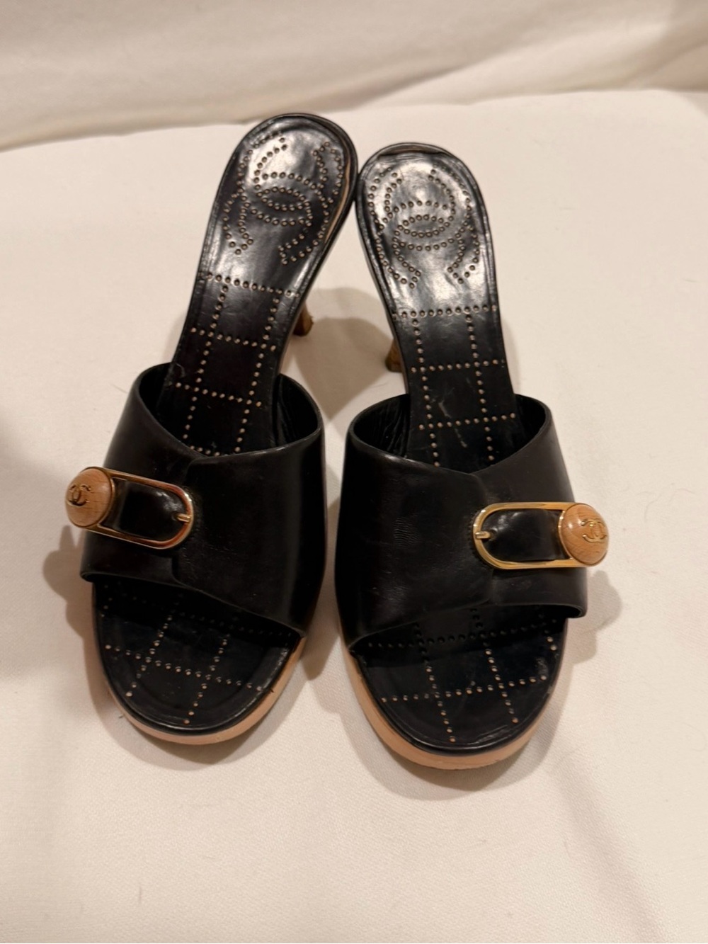 CHANEL Black Leather Open-Toe Slide Heels with Gold Buckle Accents